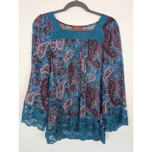 Sundance Reina Top Silk Peasant Paisley Lace Boho Hippie Sheer Blue Size S